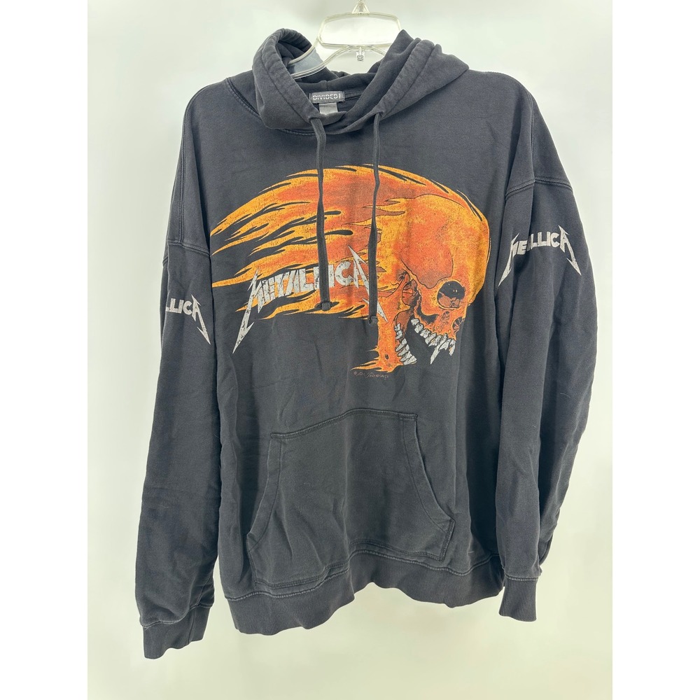 HM Divided Metallica Pushead Flaming Skull Graphic Hoodie Black Mens Large